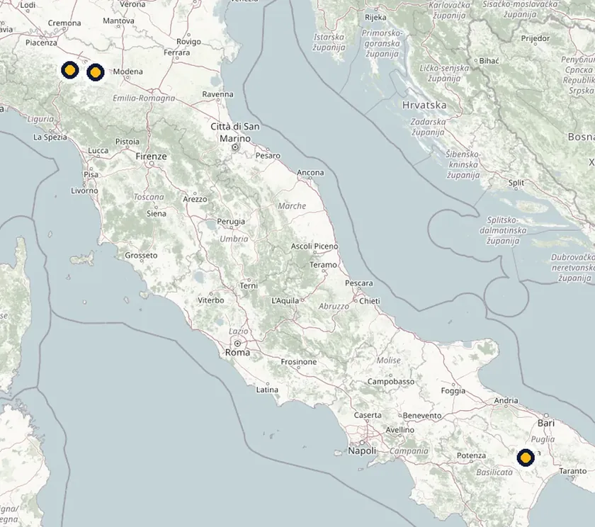 Mappa dell'Italia con le tre sedi RG Elettroimpianti: Felegara di Medesano, Montecchio Emilia e Matera